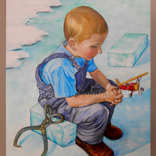 Boy sitting on a block of ice