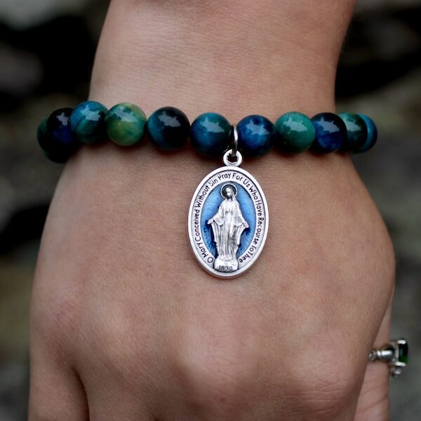 Miraculous Medal Tiger Eye Beaded Bracelet